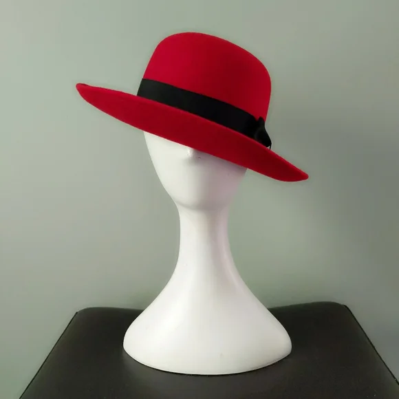 Vintage 1970s Red Wool Black Grosgrain Wide Ribbon Fedora Hat Feather Fedora/Trilby Vintage Hats for Women for sale | eBay main image 2
